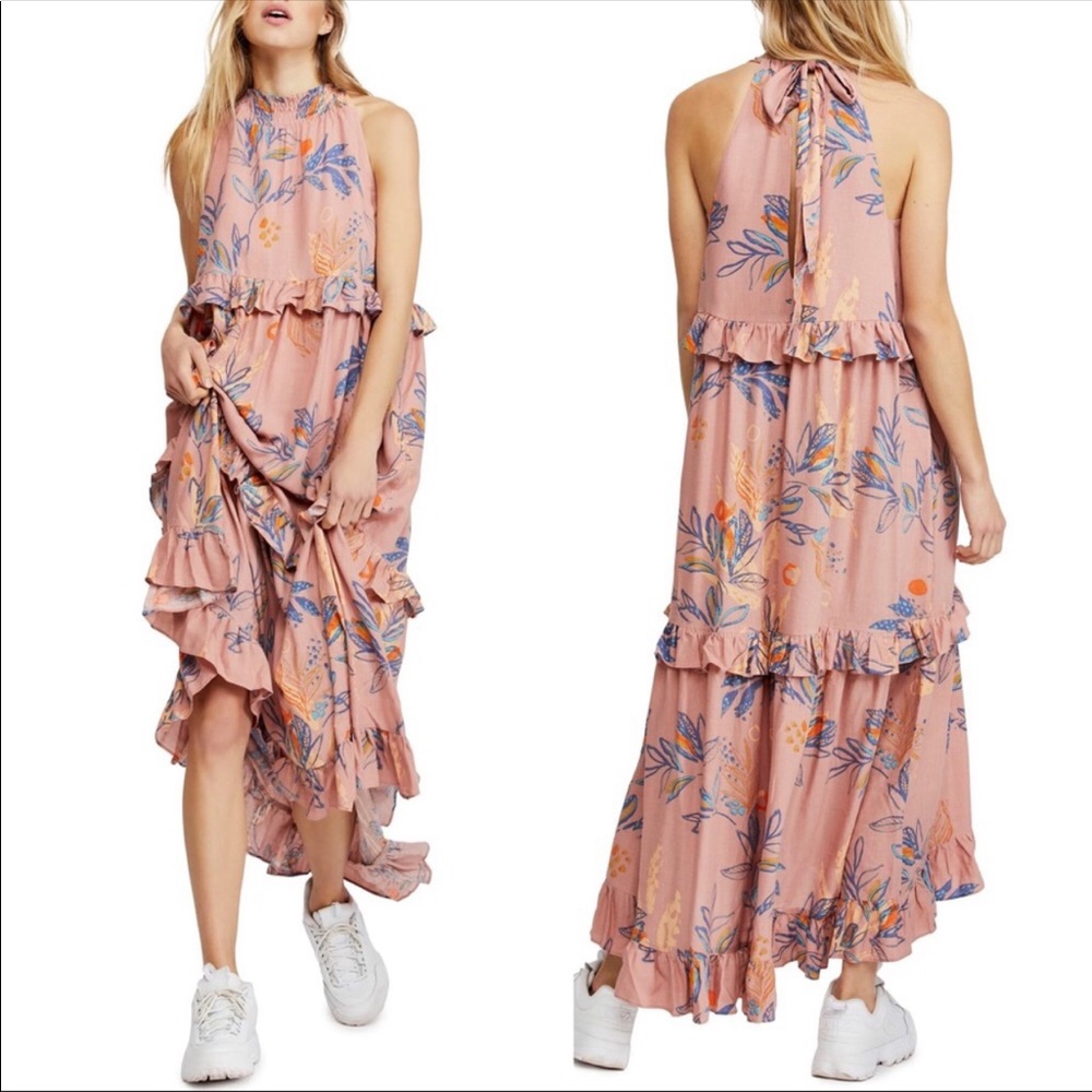 Free People Pink Floral Ruffled Maxi Dress